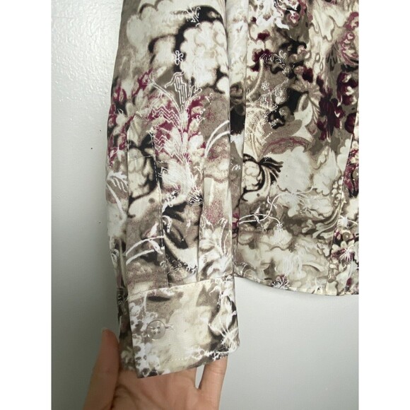 Chicos Beige Satin Print Shirt Size 0 Long Sleeve Button Down Artsy Top Flowers - Picture 4 of 14